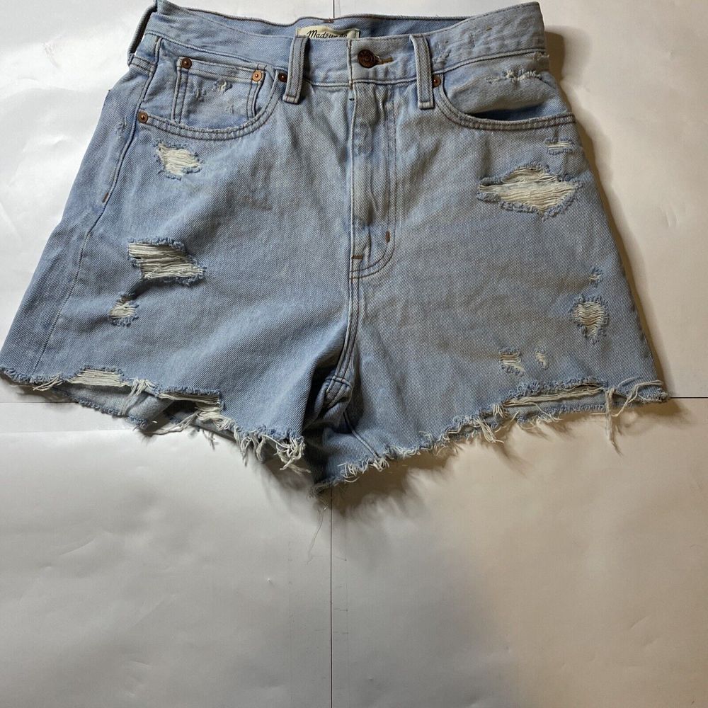 Madewell Jean Shorts Womens 27 Light Blue The Mom Cut Off Cotton Ripped Denim‎